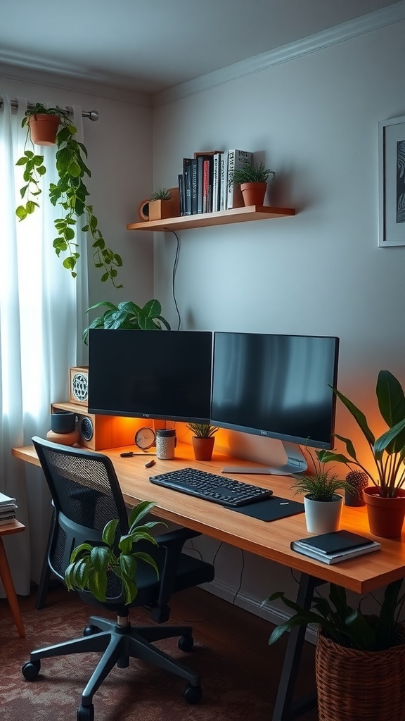 A cozy home office with a double monitor setup, plants, and warm lighting.