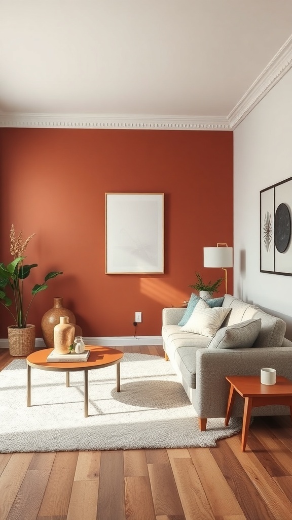 Cozy living room with a warm terracotta accent wall, gray sofa, and wooden furniture.