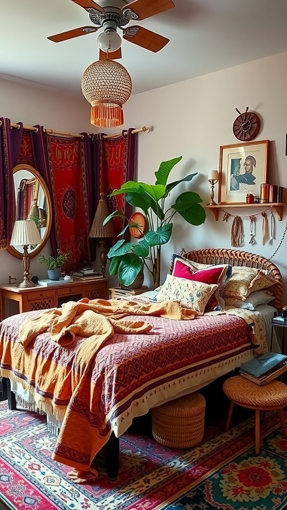 A cozy Bohemian-inspired bedroom with colorful textiles, plants, and warm lighting.