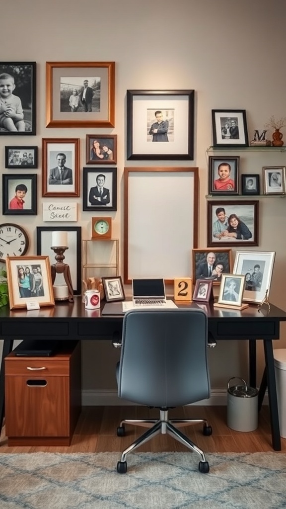 A feminine home office with a desk and a wall filled with family photos in various frames.