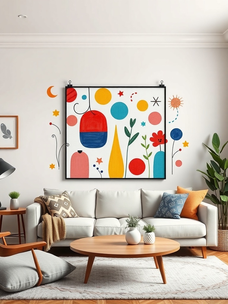 14 Whimsical Home Decor Items to Spark Your Imagination 2 A colorful abstract wall art piece featuring circles, flowers, and shapes in a bright living room setting.