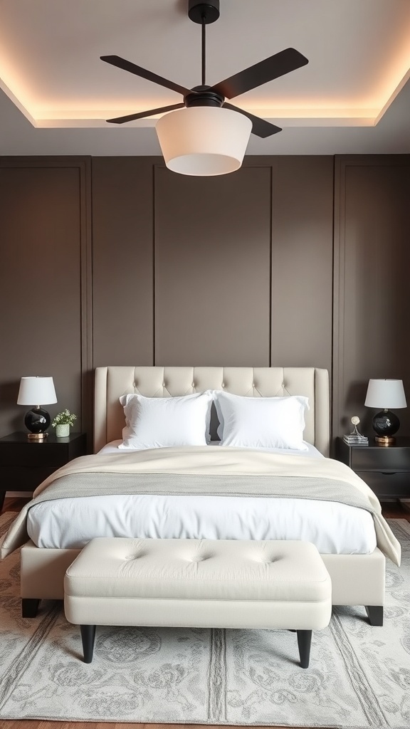 A well-decorated master bedroom featuring a central bed, nightstands, lamps, and a bench at the foot of the bed.