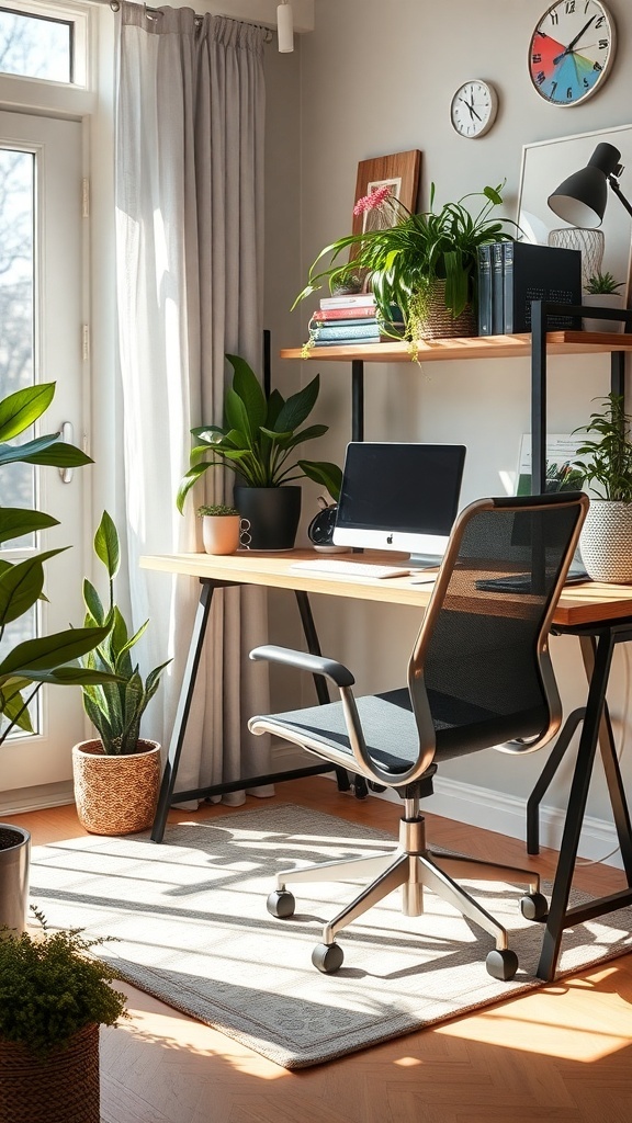 Bright home office with plants, a desk, and a comfortable chair