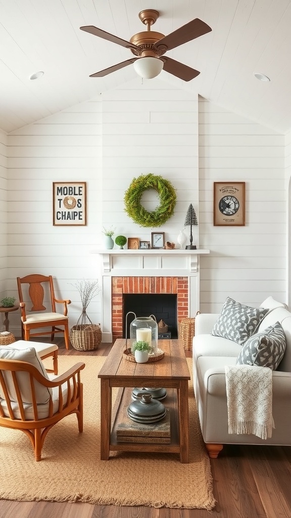 Cozy farmhouse living room with shiplap walls, wooden furniture, and decorative elements.