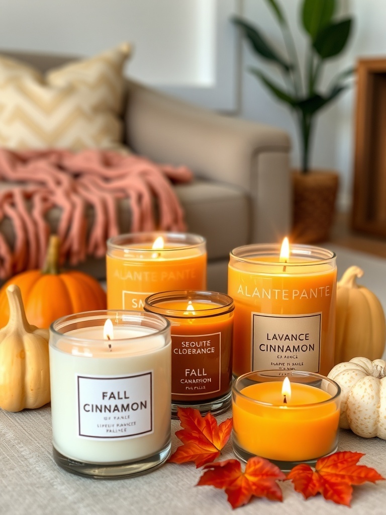 15 Cozy Fall Home Decor Ideas to Transform Your Space 10 A cozy fall setup with candles, pumpkins, and a soft blanket.