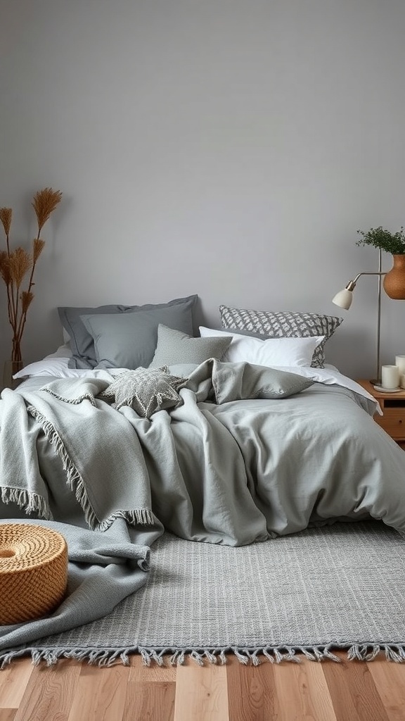 A cozy grey bedroom featuring layered textures with a light grey duvet, darker grey pillows, and a patterned rug.
