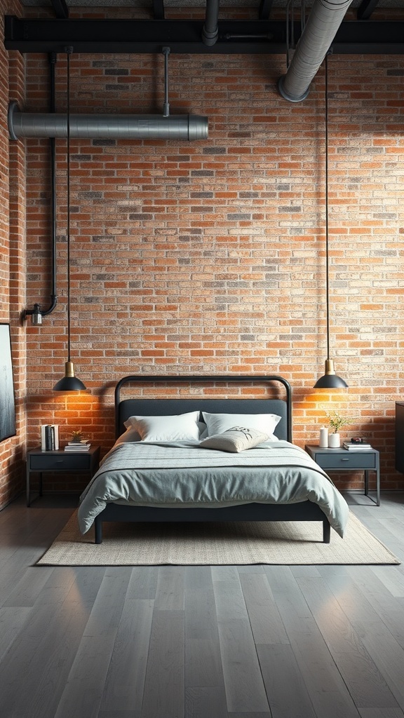A stylish bedroom featuring an exposed brick wall, metal bed frame, and modern lighting.