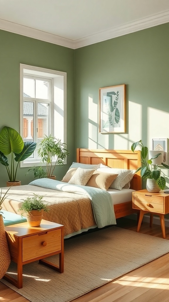 A serene sage green bedroom featuring wooden furniture and indoor plants.