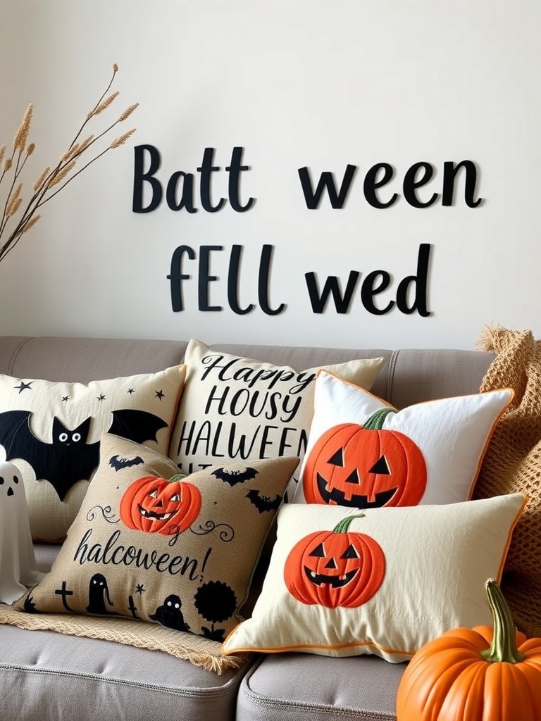 12 Spooktacular Halloween Home Decor Ideas to Transform Your Space 11 A cozy couch adorned with Halloween themed pillows featuring pumpkins, bats, and ghosts.
