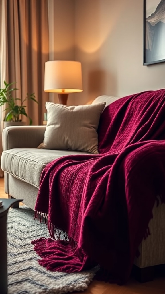A cozy living room featuring a light sofa with a rich burgundy throw blanket draped over it, complemented by a lamp and a plant.