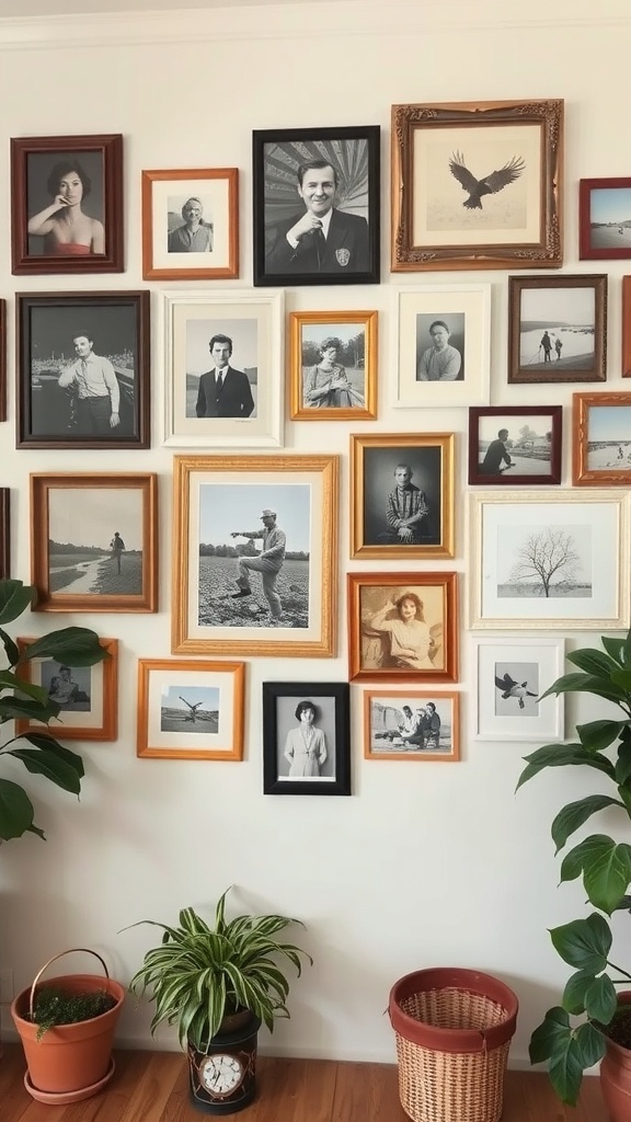 13 Awesome Home Decor Inspo to Transform Your Space 5 A vintage eclectic gallery wall with various framed black-and-white photos and artwork, complemented by indoor plants.