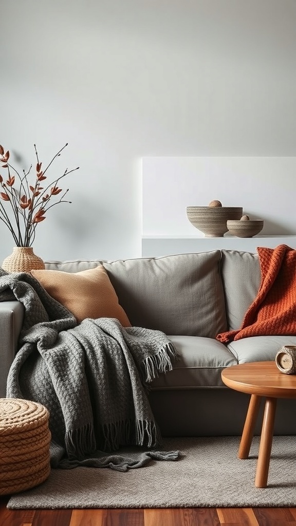 Cozy living room with layered textures of wool and cotton blankets on a gray sofa, featuring a wooden coffee table and decorative elements.
