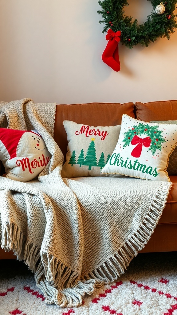 Cozy living room with festive throw pillows and blanket for Christmas decor