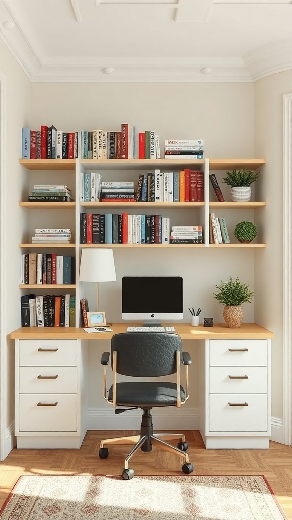A small home office with a desk, computer, and bookshelves filled with books.