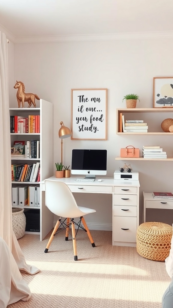 A cozy study space featuring a desk, computer, bookshelves, and decorative elements.