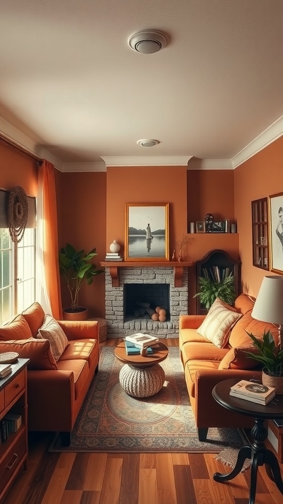 11 Cozy Home Decor Must-Haves for a Warm and Inviting Space 11 A cozy living room featuring warm color palettes with orange sofas, terracotta walls, and a stone fireplace.