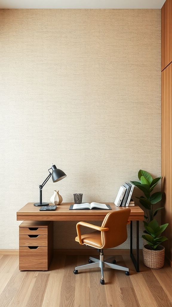 A cozy home office featuring a textured wall, wooden desk, and a plant.