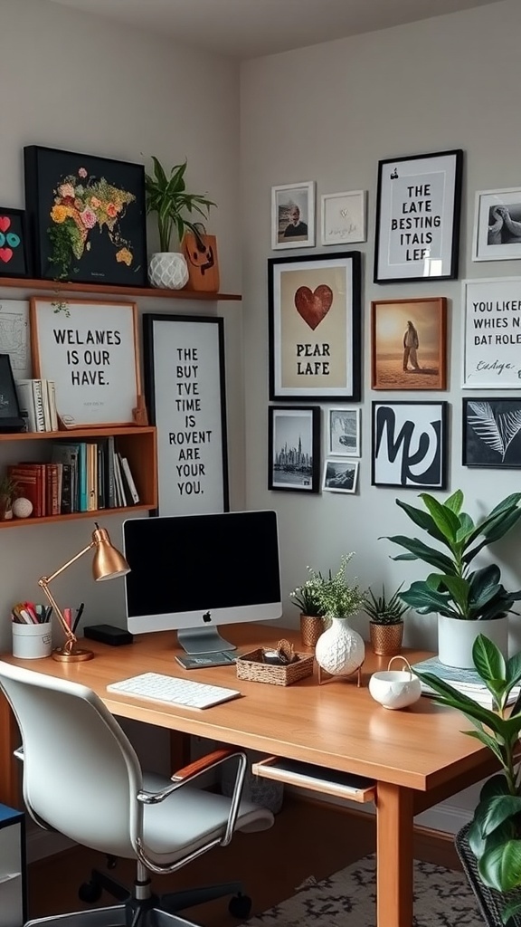 A cozy home office with a wooden desk, computer, and decorative wall art including motivational quotes and plants.