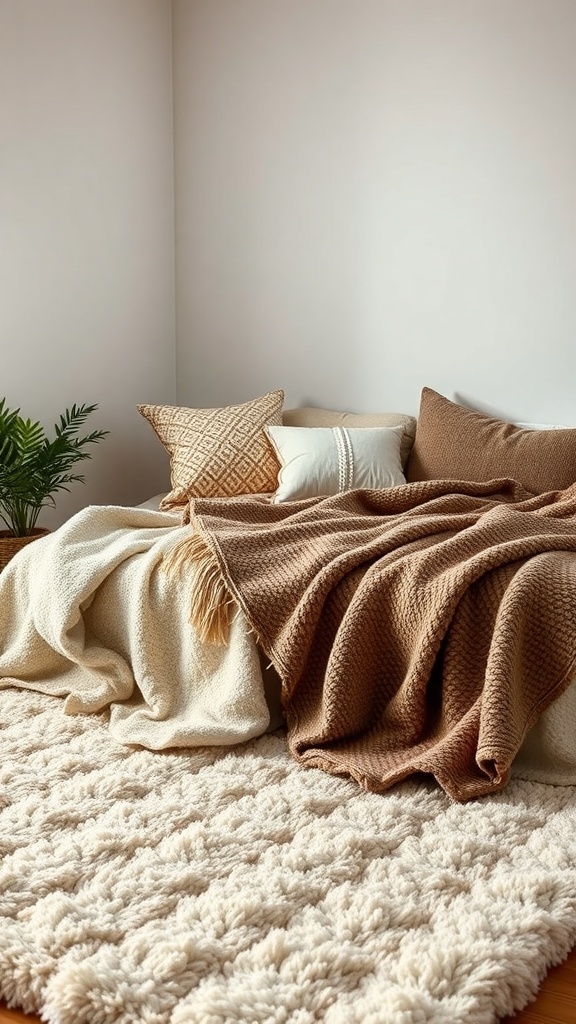 A cozy bedroom setup with layered textiles including blankets and pillows in warm tones.