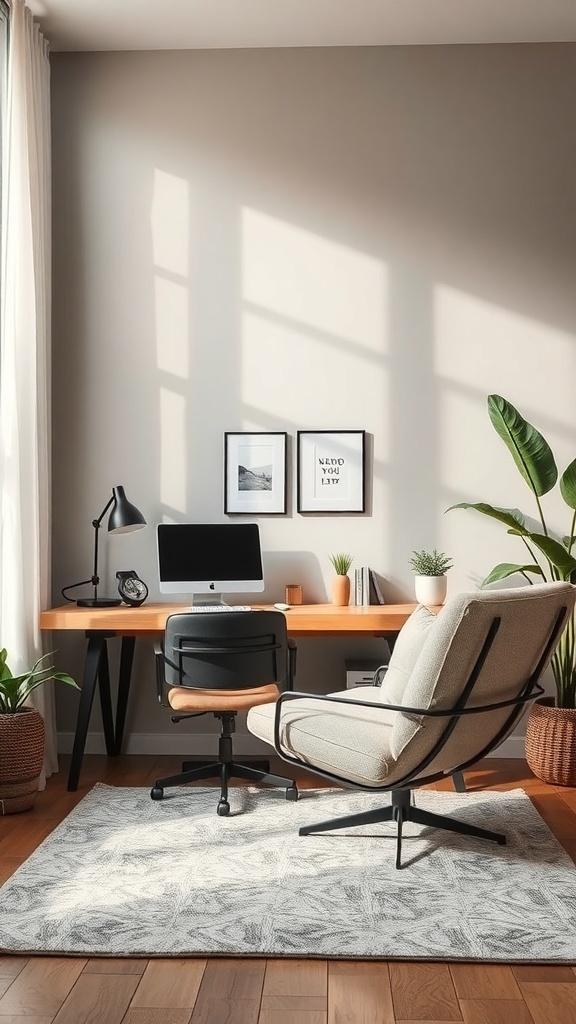 A cozy home office with a desk, computer, and a comfortable chair, featuring natural light and plants.