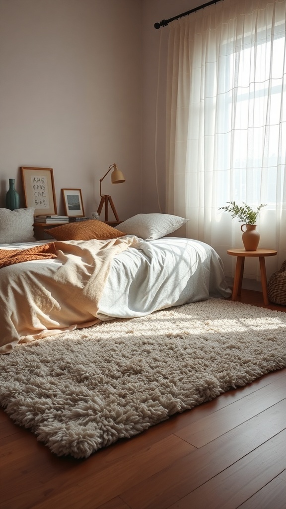 A cozy bedroom with a plush rug, soft bedding, and warm decor.