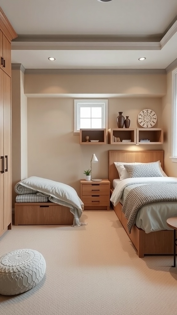 A cozy guest bedroom featuring space-saving storage solutions, including a bed with built-in storage, wall shelves, and a compact nightstand.