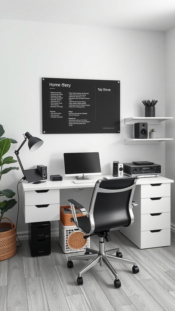 A minimalist home office setup featuring a white desk, a black chair, a wall-mounted board, and a few decorative elements.