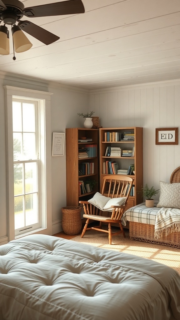 A cozy farmhouse bedroom with a reading nook featuring a wooden chair, a small bookshelf filled with books, and natural light coming through a window.