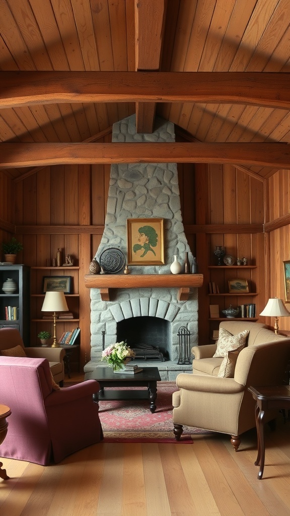 A cozy rustic living room featuring a stone fireplace, wooden beams, and comfortable seating.