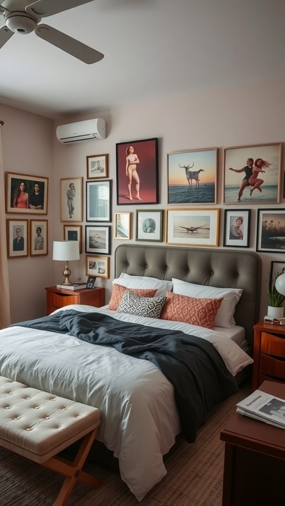 A cozy master bedroom featuring a gallery wall of framed art, a neatly made bed with decorative pillows, and warm wooden furniture.