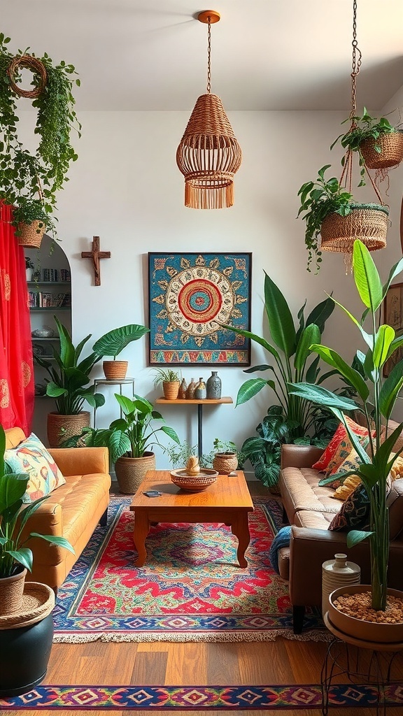 A cozy living room with eclectic bohemian decor featuring plants, colorful rugs, and comfortable sofas.