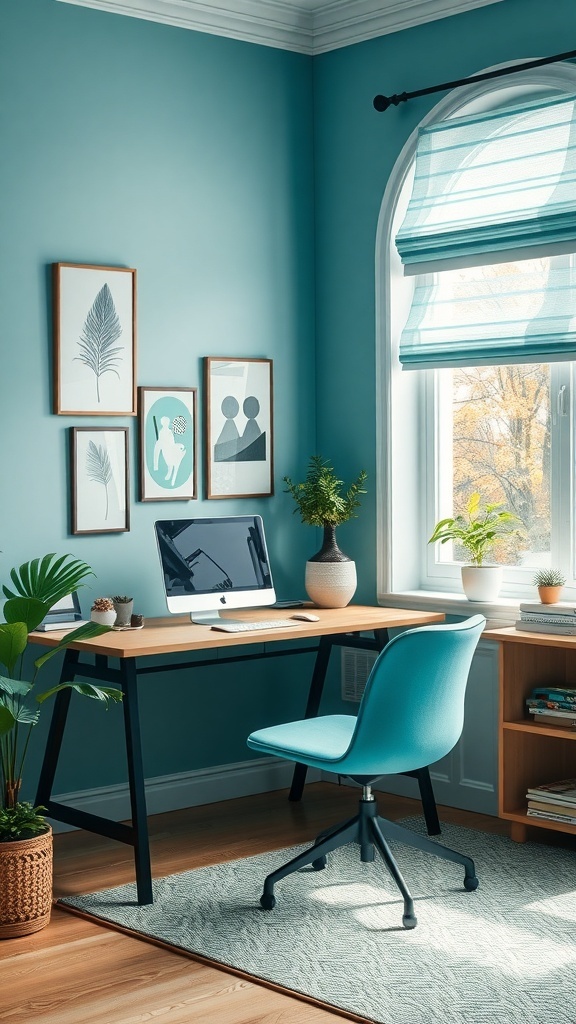 A home office with a blue-green wall, wooden desk, and modern chair, featuring plants and framed artwork.