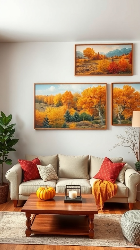 Cozy living room with autumn-themed wall art and a comfortable couch