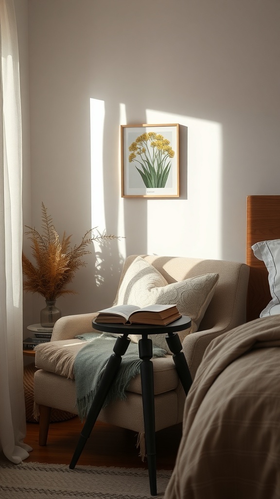 A cozy bedroom nook with an armchair, side table, and framed artwork.
