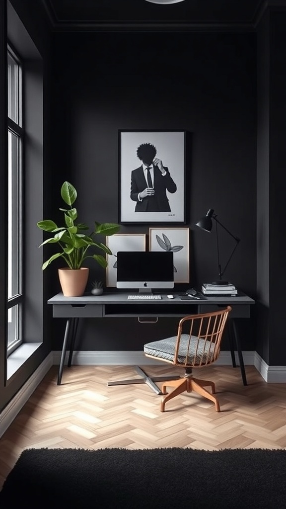 A modern home office with dark walls, a stylish desk, and two green plants on either side of the desk.