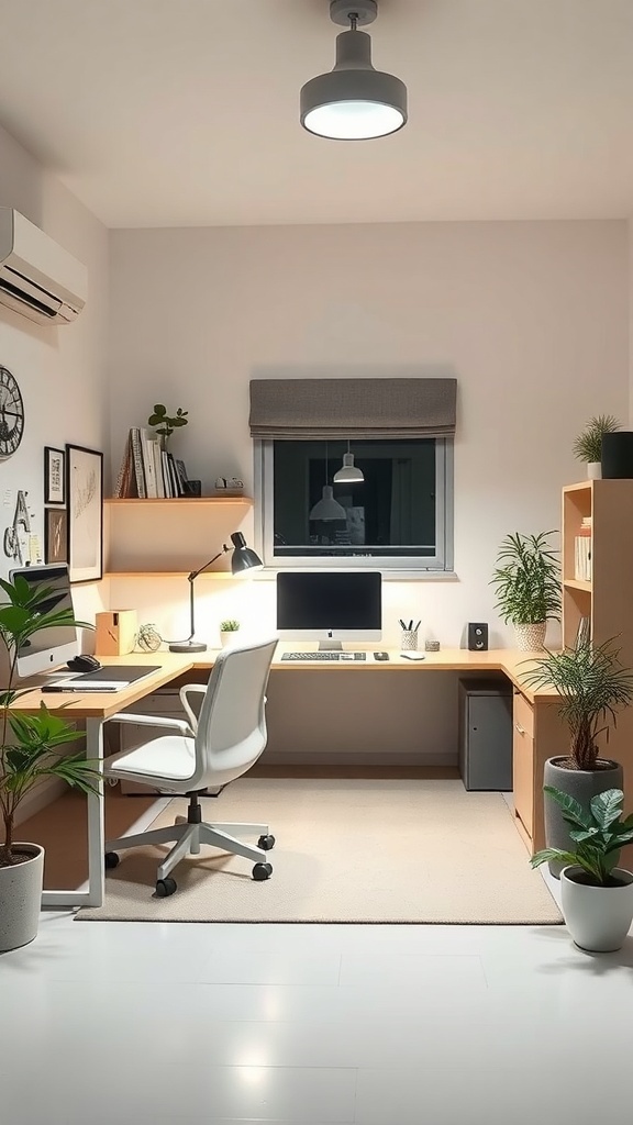 A modern home office with smart lighting, featuring a desk, computer, and plants.