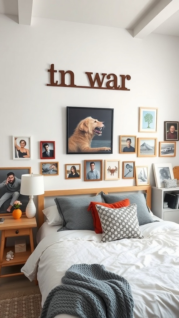 A cozy teen boy bedroom with personalized wall art and framed photos.