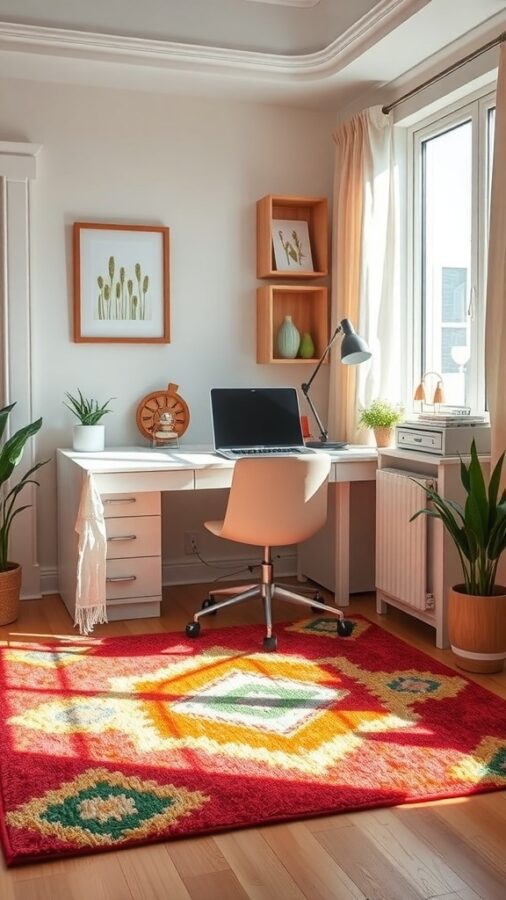 A bright and colorful rug in a home office setting with a desk, chair, and plants.