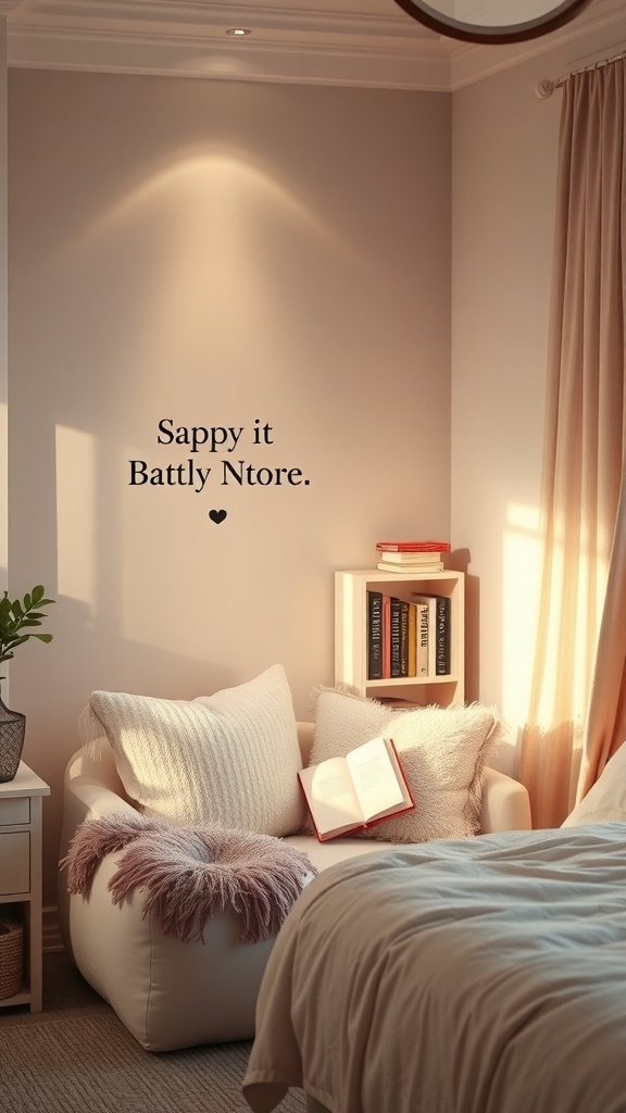 A cozy reading nook with a soft chair, pillows, a bookshelf, and warm lighting