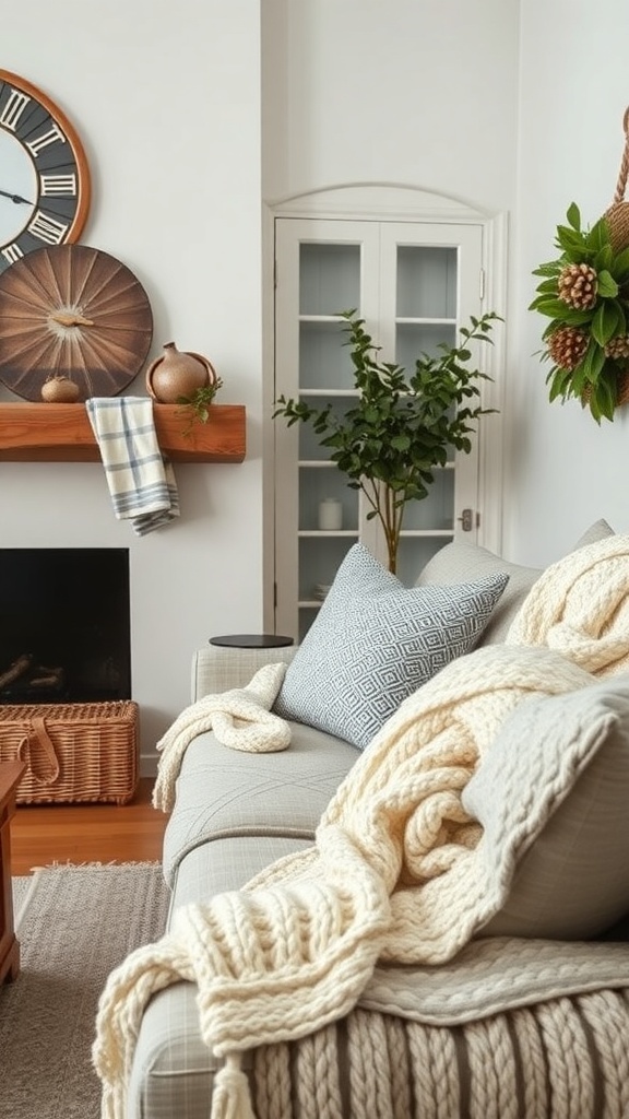 Cozy farmhouse living room with textured fabrics and layered textiles