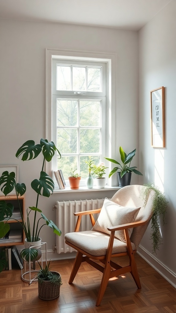 A cozy home office nook with a comfortable chair, plants, and a large window allowing natural light.