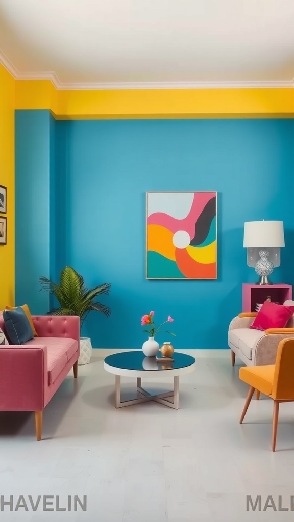 12 Trendy Home Decor Ideas for Millennials 1 A vibrant living room featuring a blue accent wall, pink and yellow furniture, and colorful artwork.