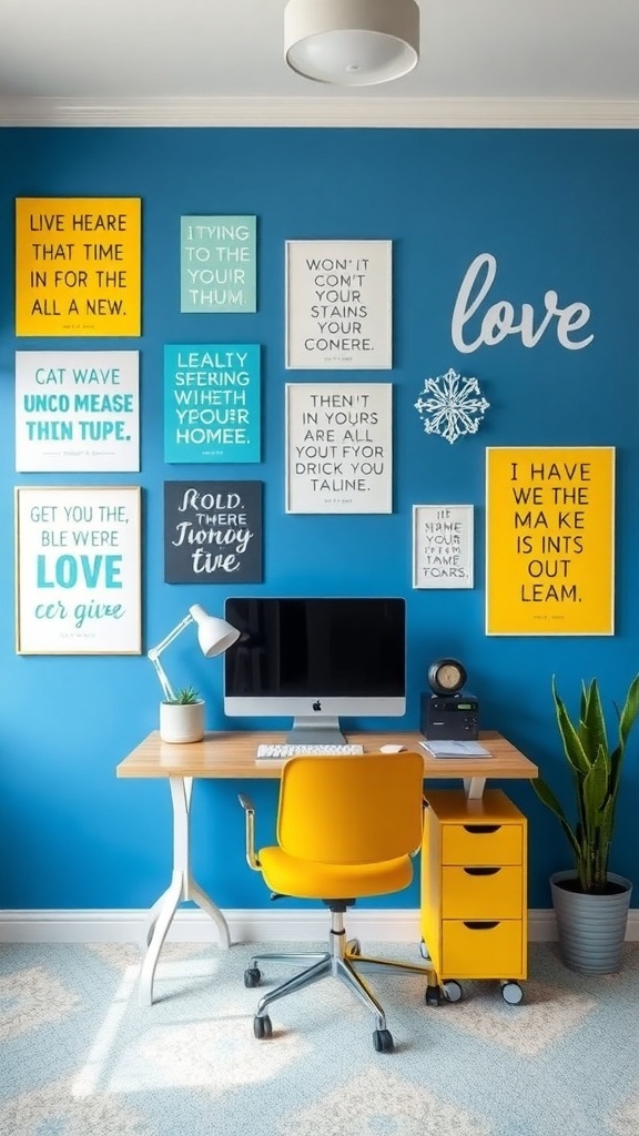 A colorful home office with a blue wall and a yellow accent wall, featuring a desk, computer, and motivational quote.