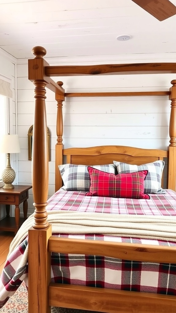 A rustic wooden four-poster bed with plaid bedding in a farmhouse bedroom