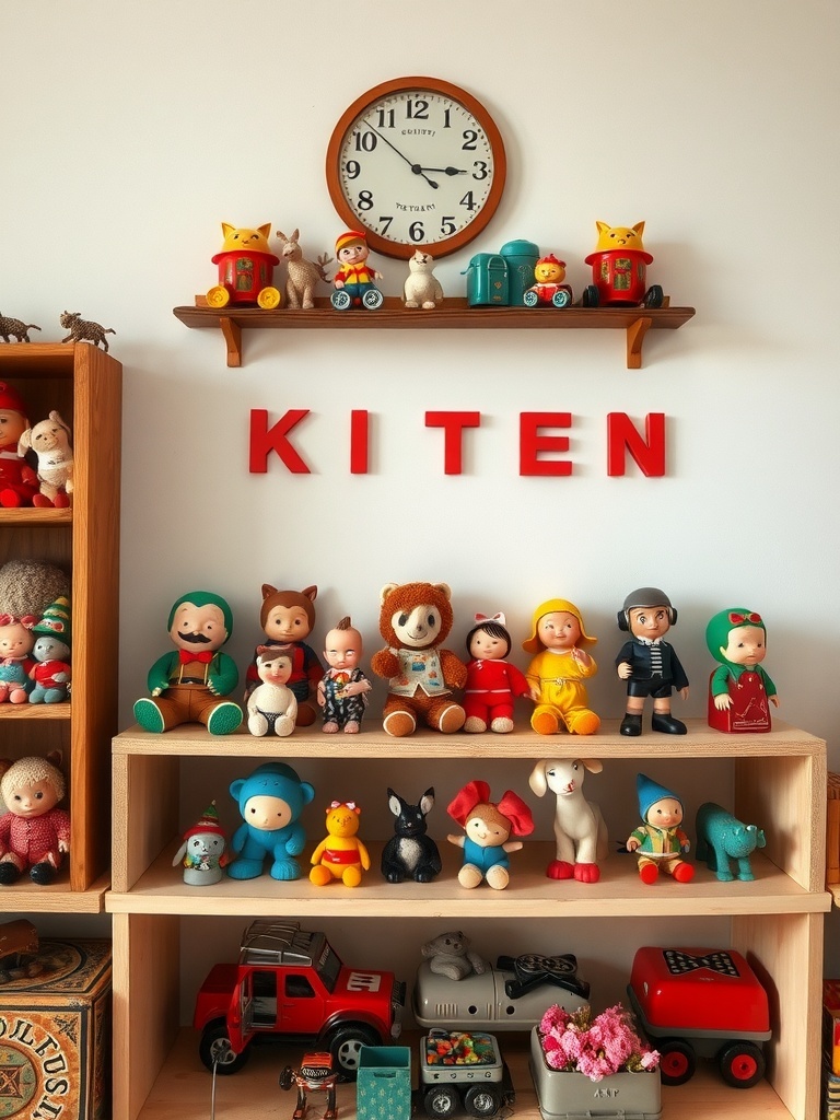 17 Must-Have Vintage Home Decor Items for Timeless Style 14 A collection of vintage toys displayed on shelves, featuring colorful figures, a clock, and the letters 'KITEN'.
