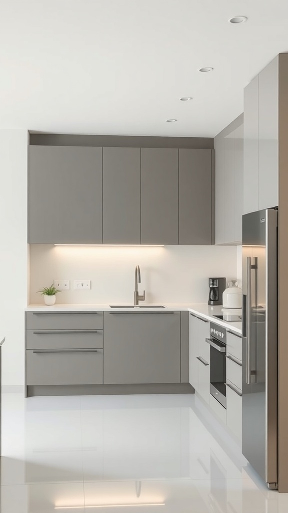 13 Awesome Home Decor Inspo to Transform Your Space 1 A minimalist kitchen with gray cabinets, white countertops, and modern appliances.