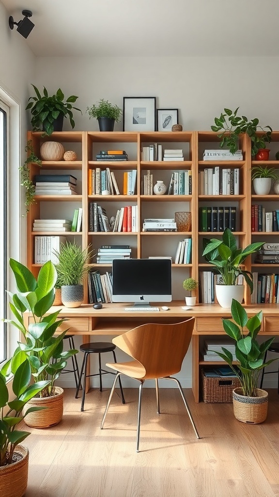 A cozy home office library with wooden shelves filled with books and various potted plants, featuring a desk with a computer.