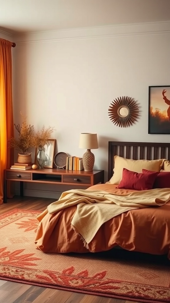 Cozy bedroom with warm color palette featuring orange bedding, wooden furniture, and decorative elements.