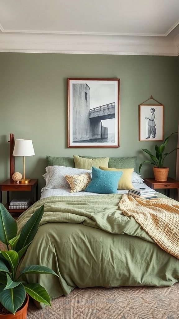 A cozy sage green bedroom featuring artwork, colorful cushions, and plants.