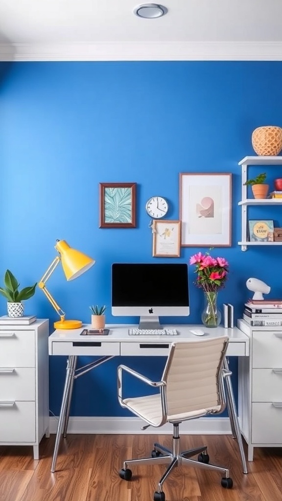 A home office with a bright blue accent wall, modern desk, and decorative elements.
